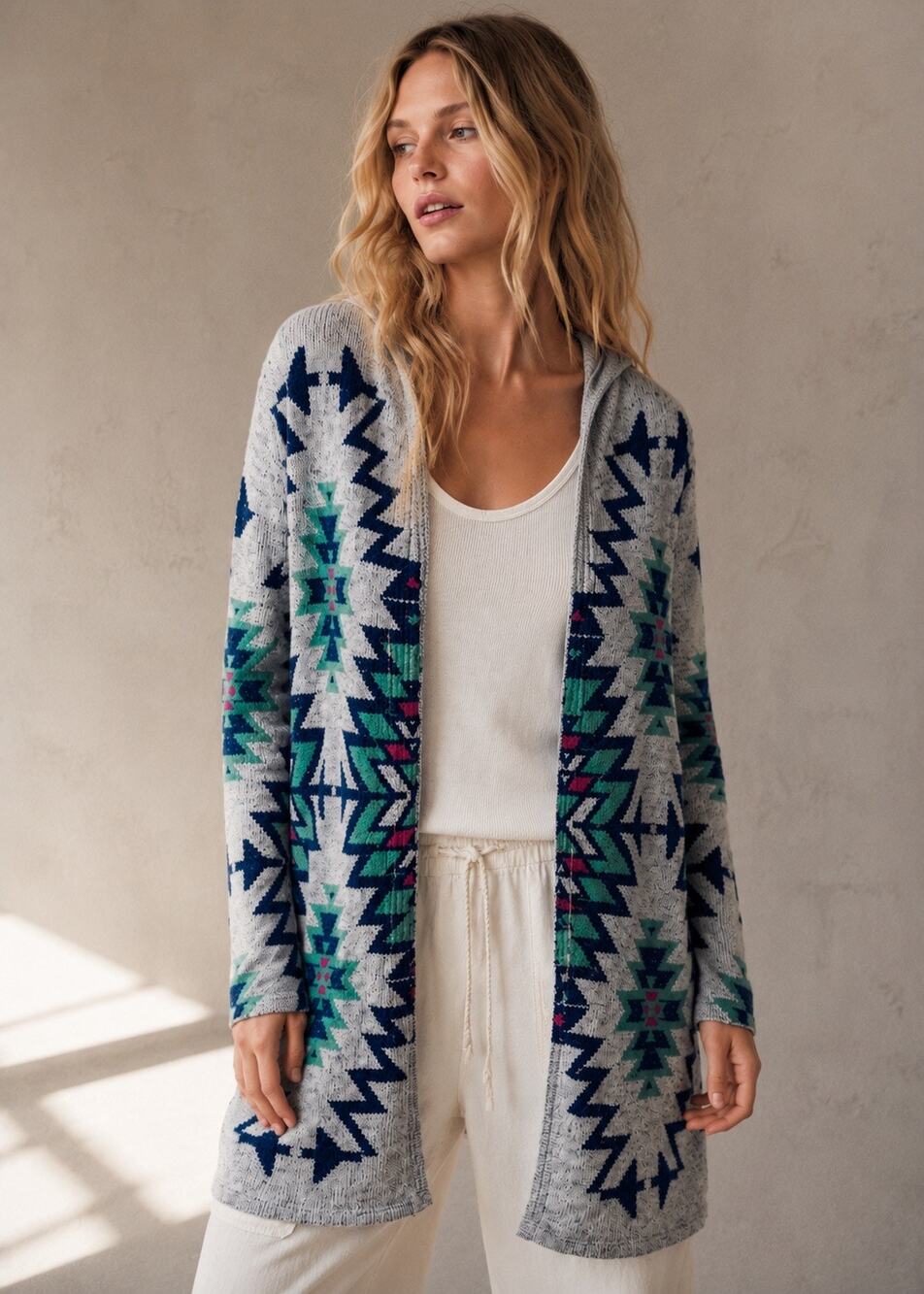 MOA MOA Womens USA Made Tribal Printed Lightweight Hooded Cardigan Sweater XS